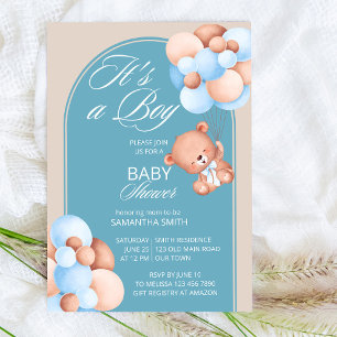 It's a boy blue beige balloons teddy bear arch  invitation