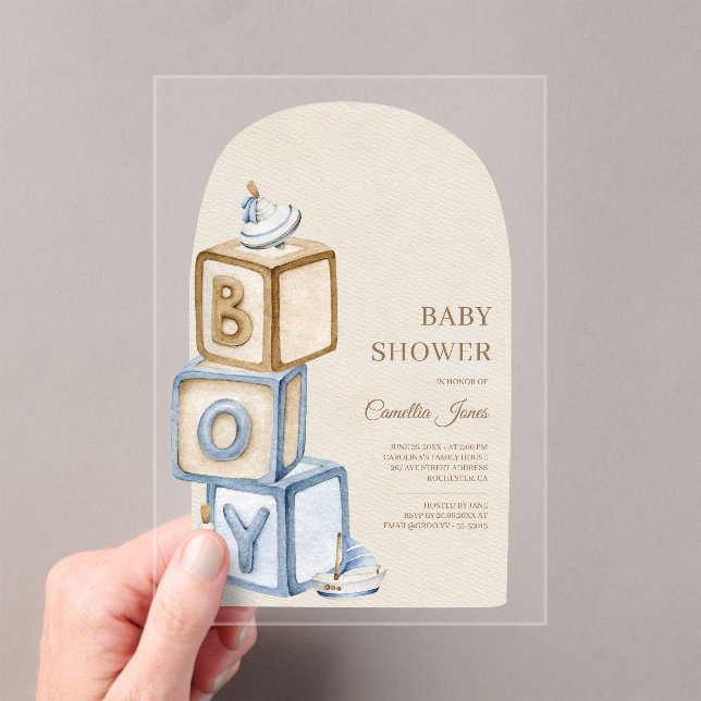  It's A Boy Blue Boho Blocks And Toys Baby Shower Acrylic Invitations (Insitu (Handheld))