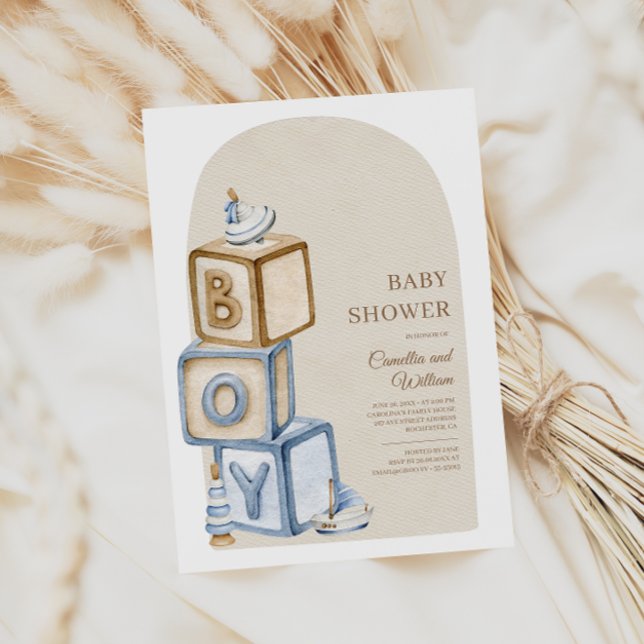 It's A Boy Blue Boho Blocks And Toys Baby Shower Invitation (Creator Uploaded)