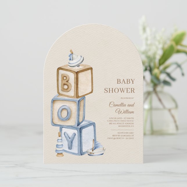 It's A Boy Blue Boho Blocks Baby Shower Arch Invitation (Standing Front)