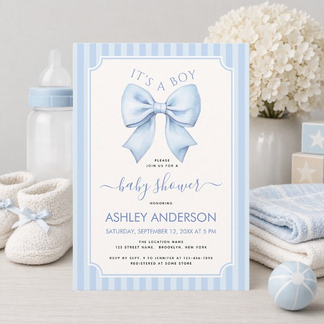 It's a Boy Blue Bow and Stripes Baby Shower Invitation (Creator Uploaded)