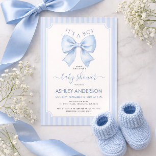 It's a Boy Blue Bow and Stripes Baby Shower Invitation