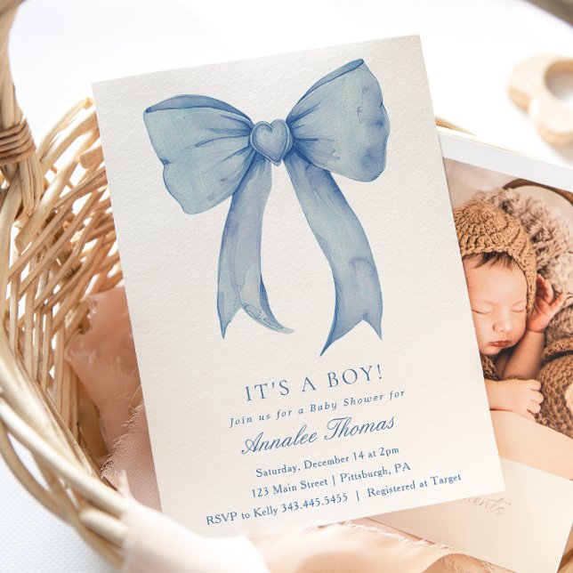 It's a Boy Blue Bow Baby Shower Invitation (Creator Uploaded)