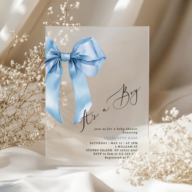 Its a boy Blue Bow Elegant Baby Shower Acrylic Invitations (Creator Uploaded)