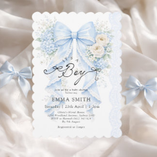 It's a Boy Blue Bow Floral Baby Shower Invitation