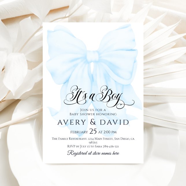 Its a Boy Blue Bow Modern Elegant Baby Shower Invitation (Creator Uploaded)