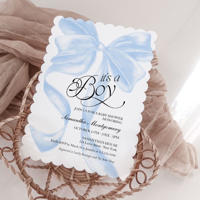 Its a Boy Blue Coquette Bow Baby Invitation (Creator Uploaded)