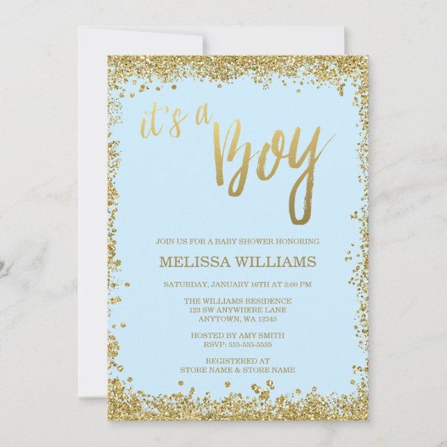 It's a Boy Blue Faux Gold Glitter Baby Shower Invitation (Front)
