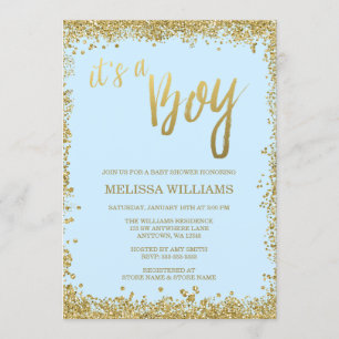 It's a Boy Blue Faux Gold Glitter Baby Shower Invitation