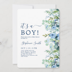 It's a Boy Blue Floral Baby Shower Invitation