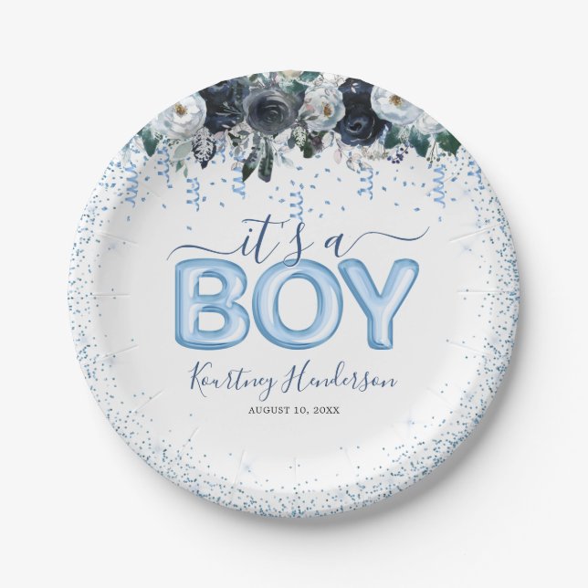 It's a Boy Blue Floral Baby Shower Paper Plate (Front)