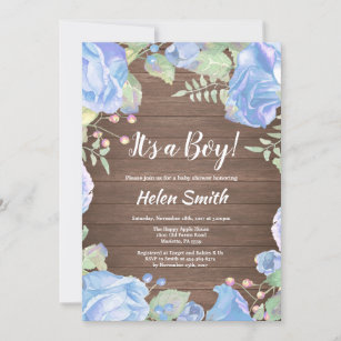 It's A Boy Blue Floral Baby Shower Rustic Wood Invitation