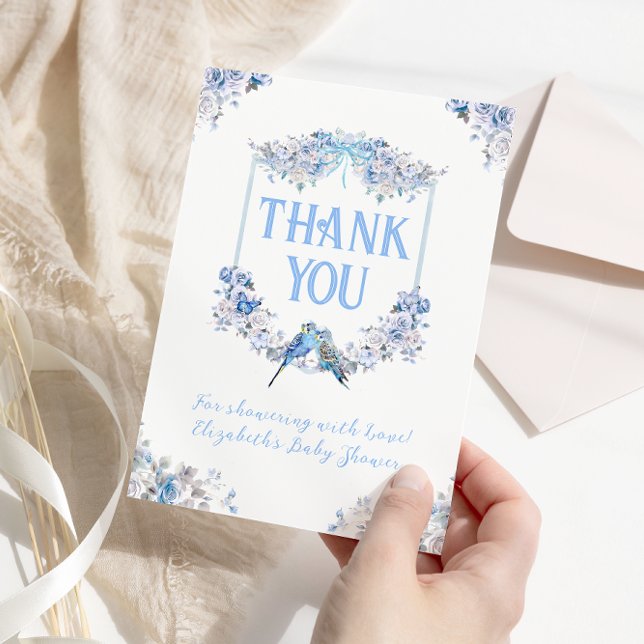 It's a Boy Blue Floral Crest Thank You Card (Creator Uploaded)
