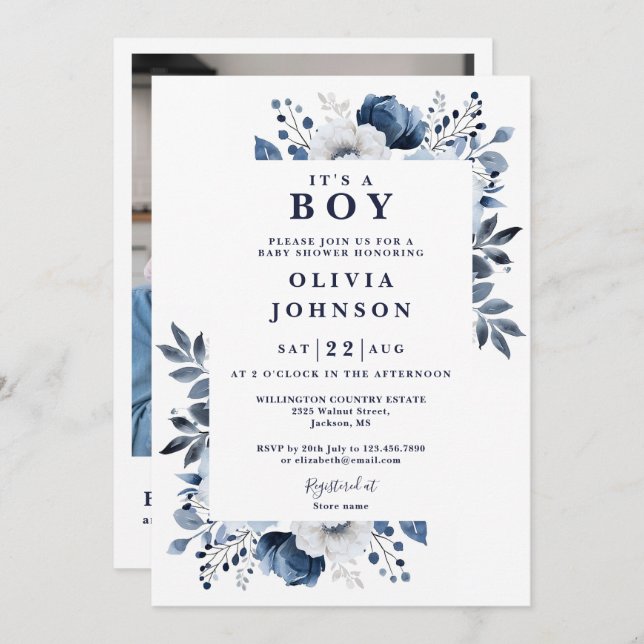 Its A Boy Blue Floral Photo QR Baby Shower Invitation (Front/Back)