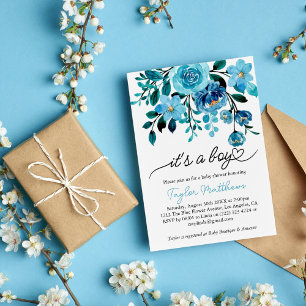 It's a Boy Blue Floral Watercolor Baby Shower Invitation
