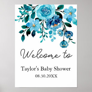It's a Boy Blue Floral Watercolor Baby Shower Poster