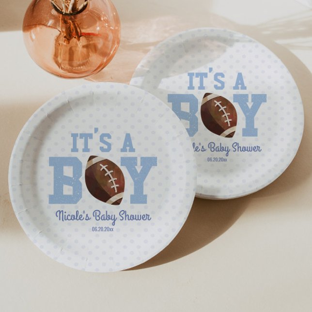 It's A Boy! Blue Football Baby Shower Paper Plate (Creator Uploaded)