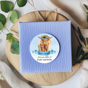  It's a Boy Blue Highland Cow Calf Baby Shower    Classic Round Sticker