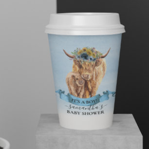 It's a Boy Blue Highland Cow Calf Baby Shower Paper Cups