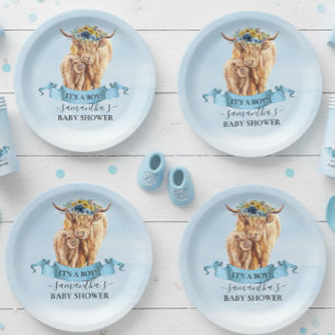  It's a Boy Blue Highland Cow Calf Baby Shower   Paper Plate
