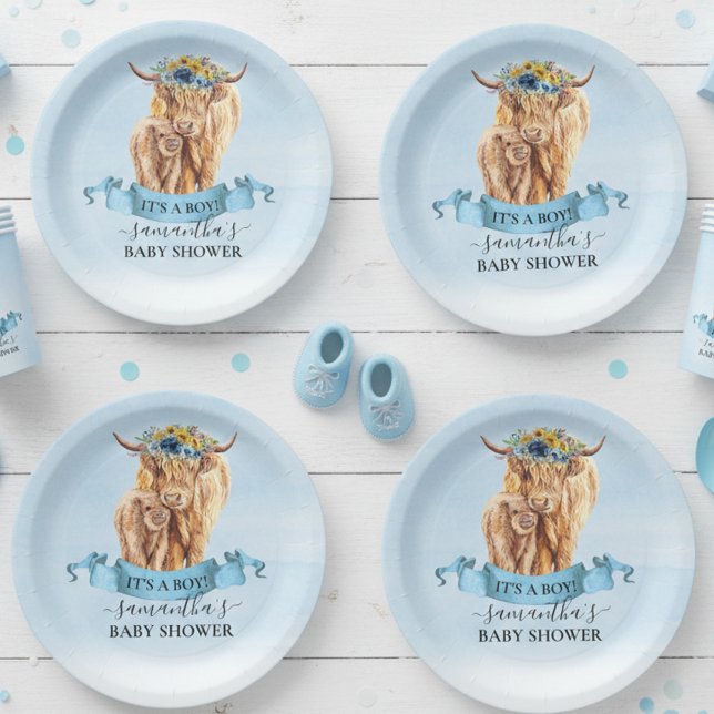  It's a Boy Blue Highland Cow Calf Baby Shower   Paper Plate (Creator Uploaded)