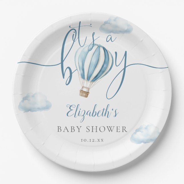Its A Boy Blue Hot Air Balloon Baby Shower Paper Plate (Front)