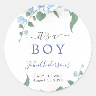 It's A Boy Blue Hydrangea Botanical Baby Shower Classic Round Sticker