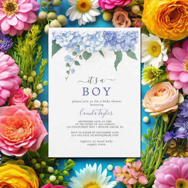  It's A Boy Blue Hydrangea Botanical Baby Shower Invitation (Creator Uploaded)