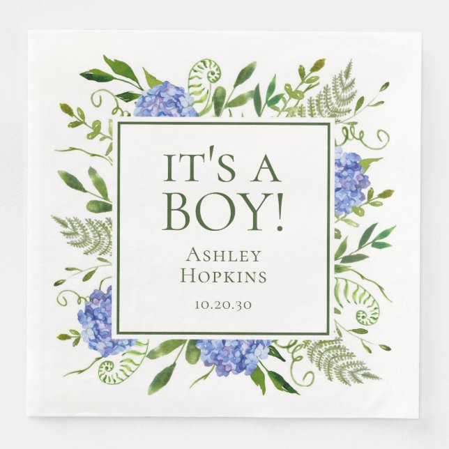 It's A Boy Blue Hydrangeas Boy Baby Shower Napkin (Front)