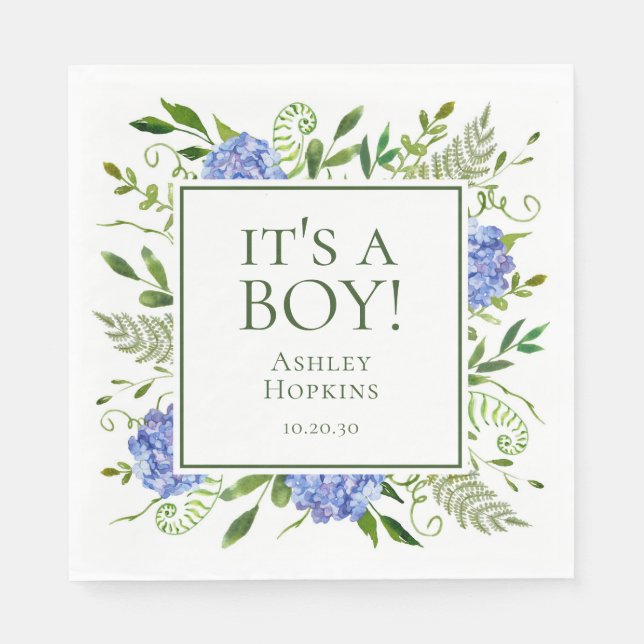 It's A Boy Blue Hydrangeas Boy Baby Shower Napkin (Front)