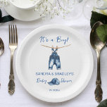 It's a boy blue jeans baby shower template paper plate<br><div class="desc">It's a boy blue jeans baby shower template paper plates personalised baby shower tableware,  cute baby denim jeans hanging pegged on a line blue jeans cap simple minimalist modern baby shower personalised plates</div>