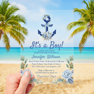 its a boy, blue navy floral nautical baby shower  acrylic invitations