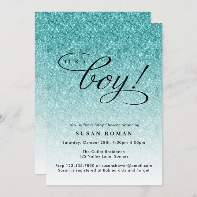 It's a Boy Blue Ombre Glitter Baby Shower Invitation (Front/Back)
