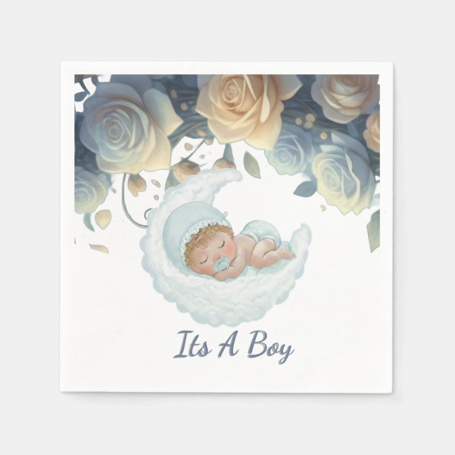 Its A Boy Blue Roses Floral Decorative Baby Napkin (Front)