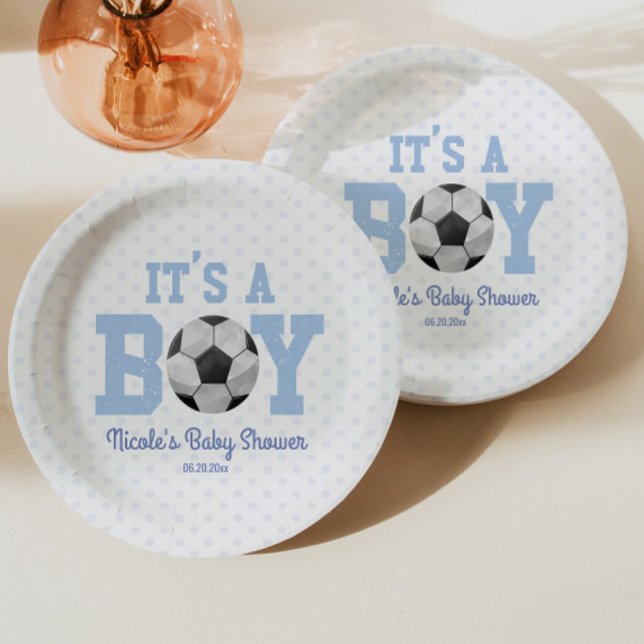 It's A Boy! Blue Soccer Baby Shower Paper Plate (Creator Uploaded)