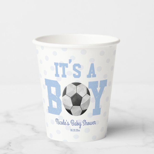 It's A Boy! Blue Soccer Ball Baby Shower Paper Cups (Front)