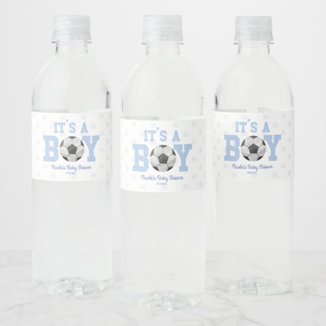 It's A Boy! Blue Soccer Ball Baby Shower Water Bottle Label (Bottles)