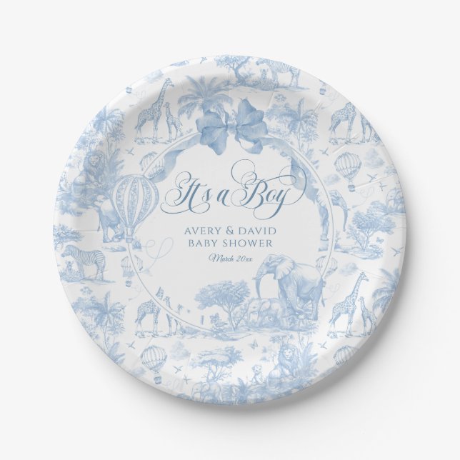 Its a Boy Blue Toile Safari Animal Baby Shower Paper Plate (Front)