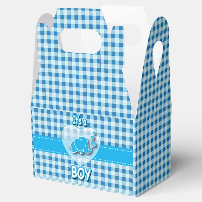 It's A Boy, Blue & White Plaid with Baby Elephant Favour Box (Opened)