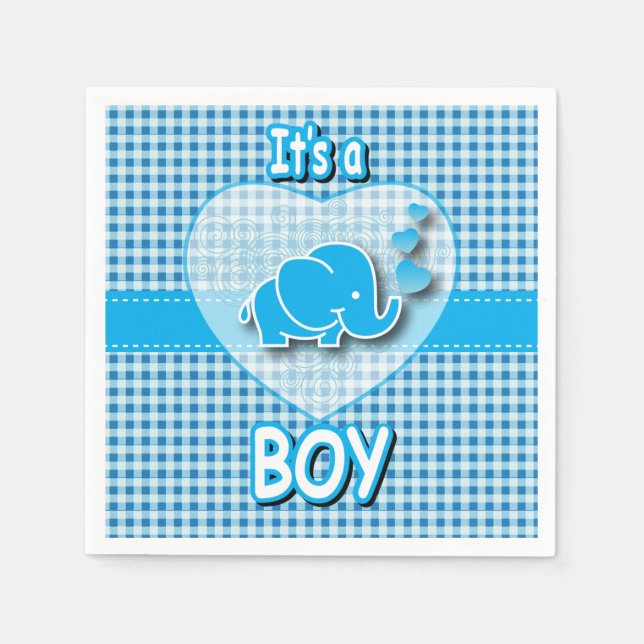 It's A Boy, Blue & White Plaid with Baby Elephant Napkin (Front)