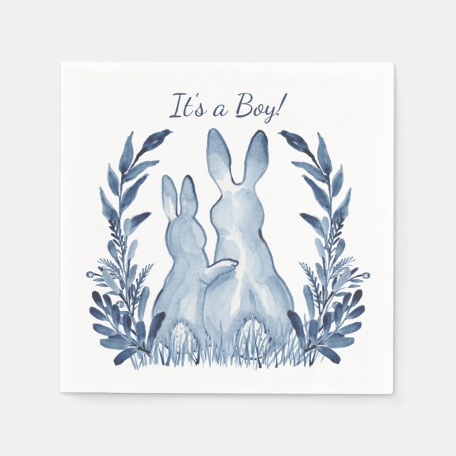 It's a Boy! Blue & White Rabbits Baby Shower Napkin (Front)