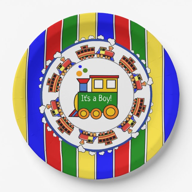 Its a Boy, Choo Choo Train Baby Shower Party Paper Plate (Front)