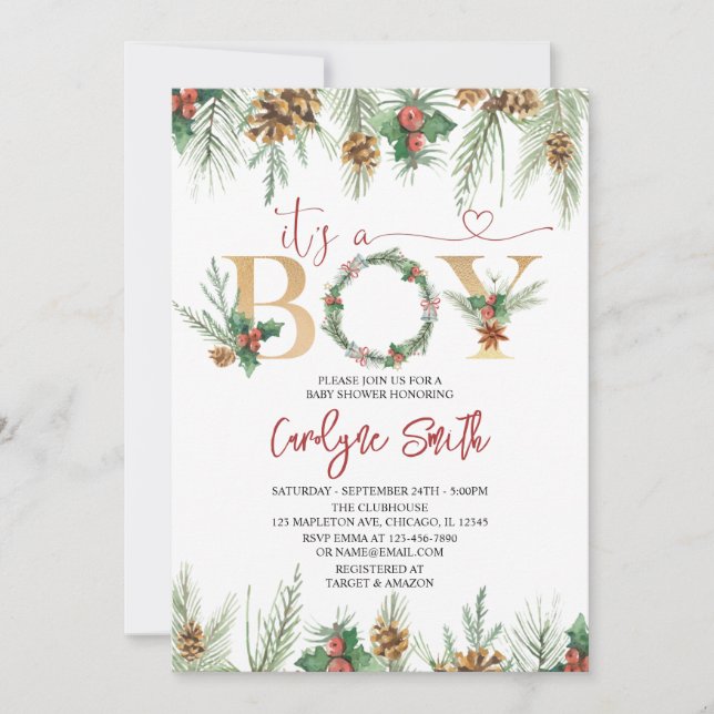 It's A Boy Christmas Baby Shower Invitation (Front)