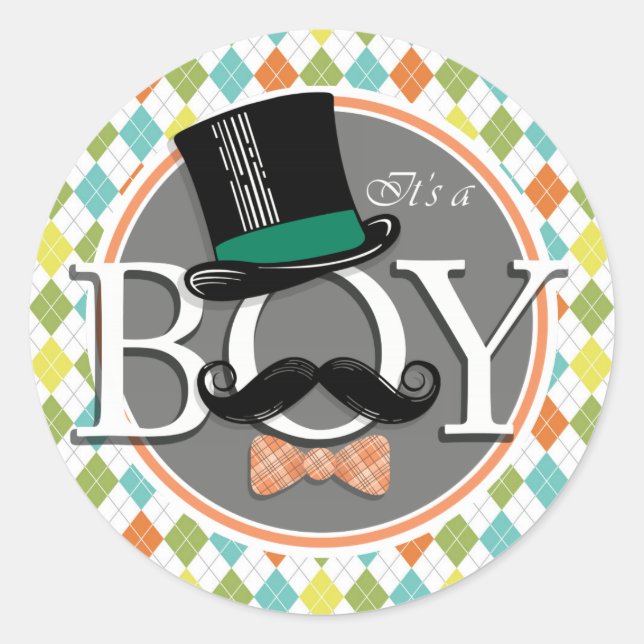 It's a Boy!  Colourful Argyle Classic Round Sticker (Front)