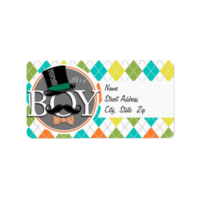 It's a Boy!  Colourful Argyle Label (Front)