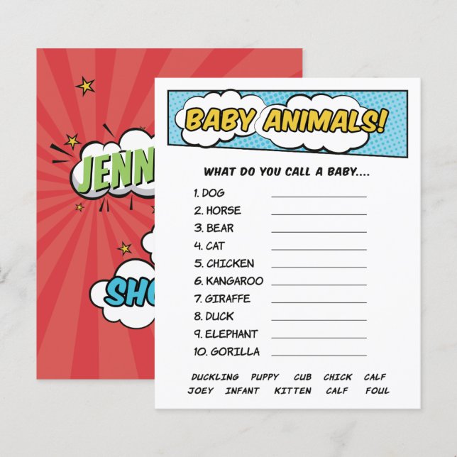 Its A Boy Comic Book Superhero Baby Animals Game (Front/Back)