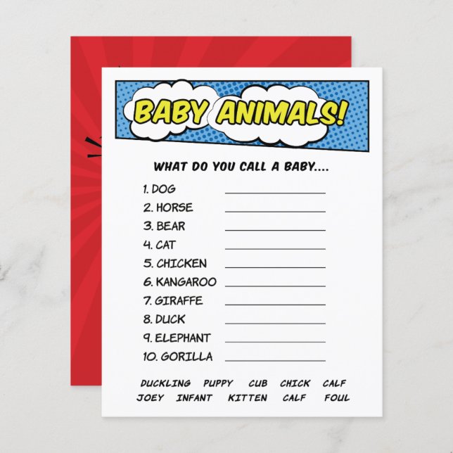 Its A Boy Comic Book Superhero Baby Animals Game (Front/Back)