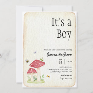 It's a Boy Cottagecore Mushroom Baby Shower Invitation