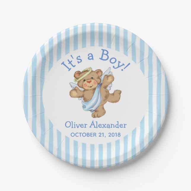Its a Boy Custom Teddy Bear Angel Paper Plate (Front)