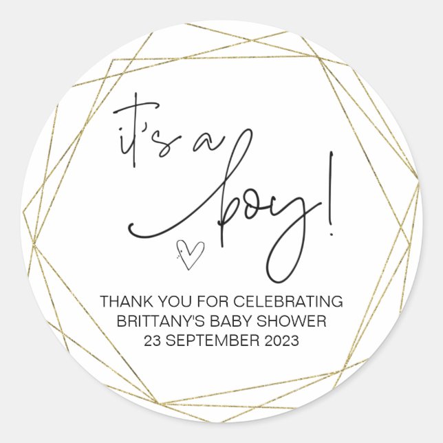  It's a Boy Cute Baby Shower Party Favour Gold Classic Round Sticker (Front)